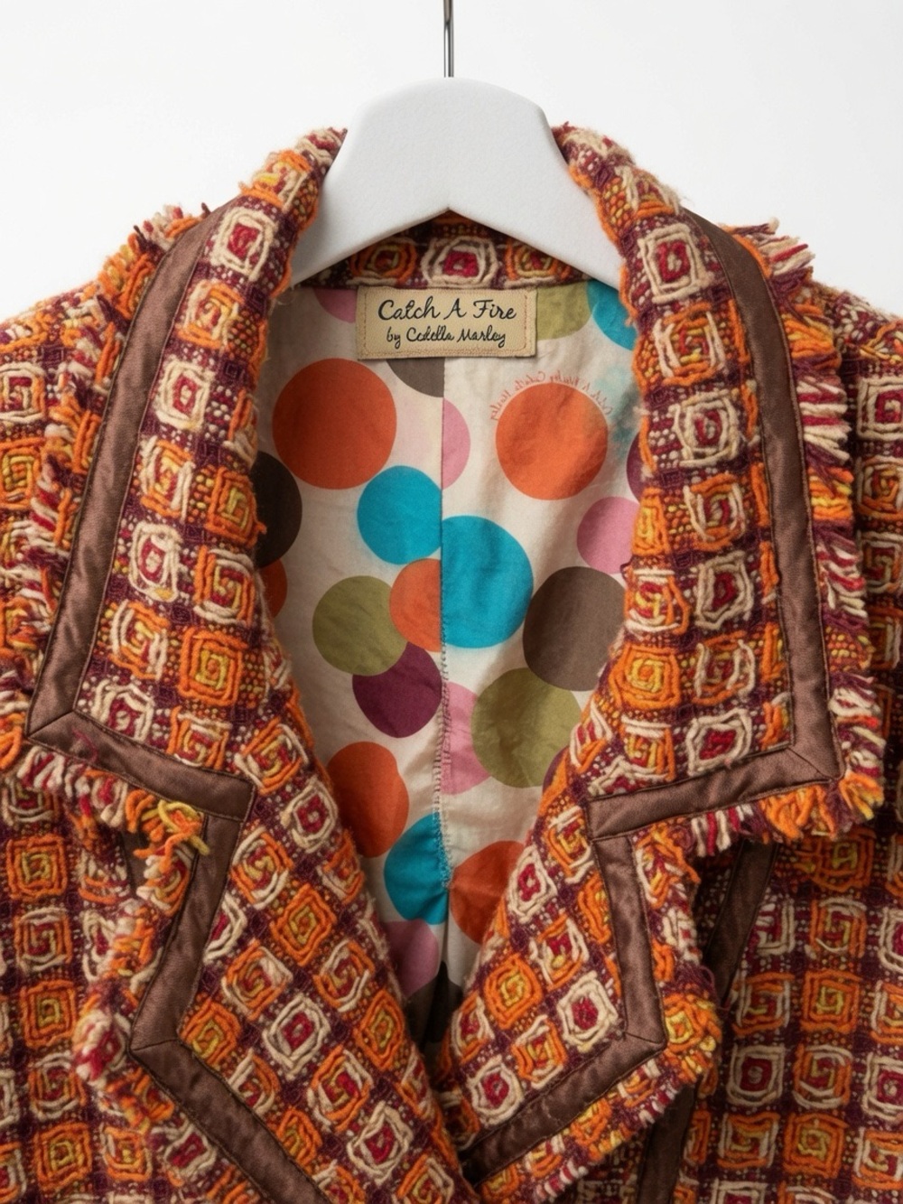 Embroidered Orange Tweed Trench Coat with Floral Detail - Picture 3 of 8